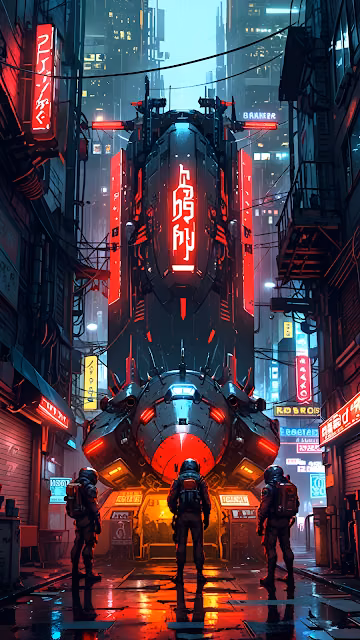 Cyberpunk Alley with Neon Ship and Astronauts Under Rain - Free 4K & 8K Mobile Wallpaper