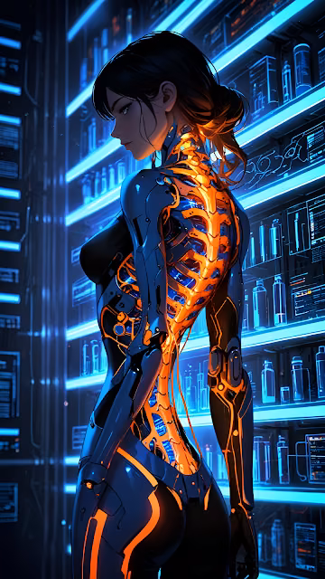 Cyberpunk Android Woman Glowing Orange Spine Neon Blue Light - Free 4K & 8K Mobile Wallpaper