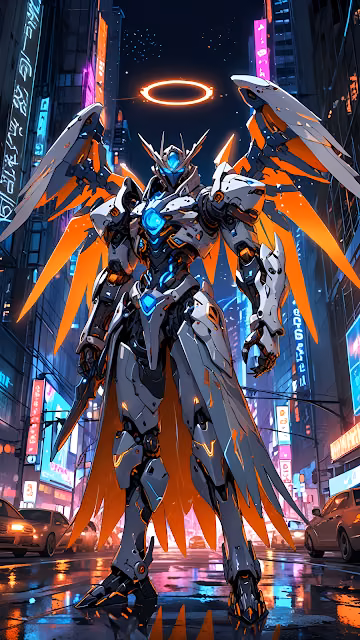 Cyberpunk Angel Mecha Warrior in Neon Tokyo Street - Free 4K & 8K Mobile Wallpaper