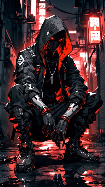 Cyberpunk Assassin Crouching Red Neon Alley Dystopian Art - Free 4K & 8K Mobile Wallpaper