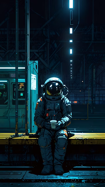 Cyberpunk Astronaut Waiting Subway Platform Neon Lights - Free 4K & 8K Mobile Wallpaper