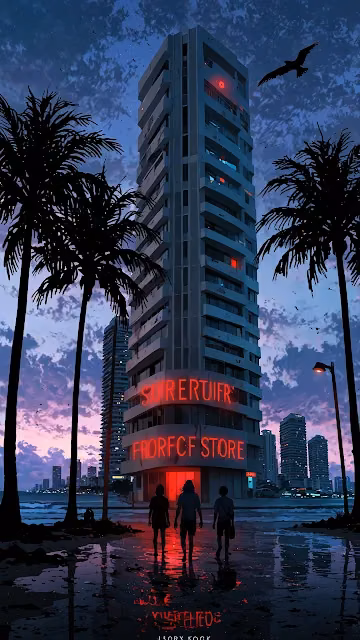 Cyberpunk Beach Tower with Neon Sign at Dusk - Free 4K & 8K Mobile Wallpaper