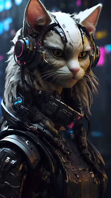 Cyberpunk Cat Portrait Sci Fi Armor Headset - Free 4K & 8K Mobile Wallpaper