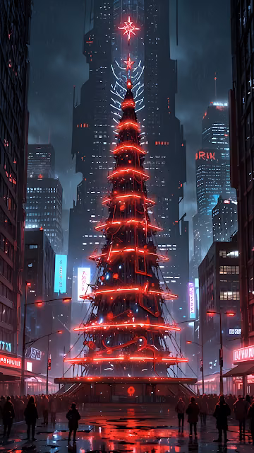 Cyberpunk City Neon Red Christmas Tree Night Scene - Free 4K & 8K Mobile Wallpaper