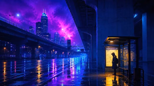 A lone commuter waits at an illuminated bus shelter beneath a purple stormy skyline. A person stands inside a glowing glass bus stop on a wet city street at night under a purple sky.