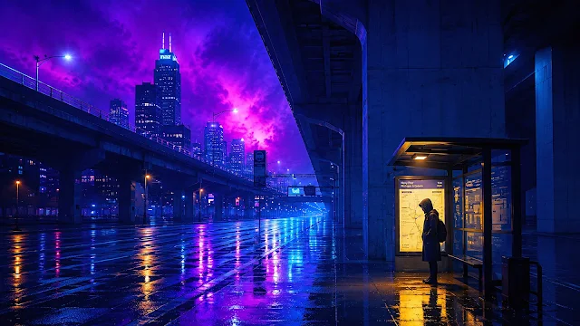A lone commuter waits at an illuminated bus shelter beneath a purple stormy skyline. A person stands inside a glowing glass bus stop on a wet city street at night under a purple sky.