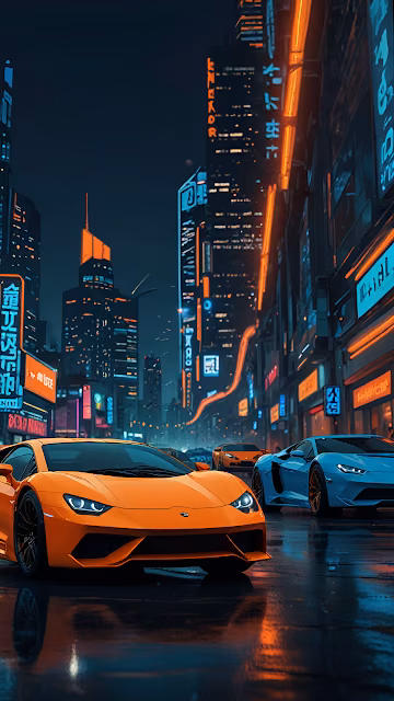 Cyberpunk City Street Orange Supercar Neon Lights - Free 4K & 8K Mobile Wallpaper