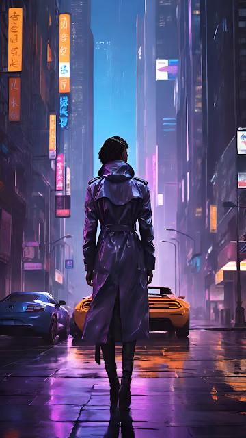 Cyberpunk City Street Woman Trench Coat Neon Lights - Free 4K & 8K Mobile Wallpaper