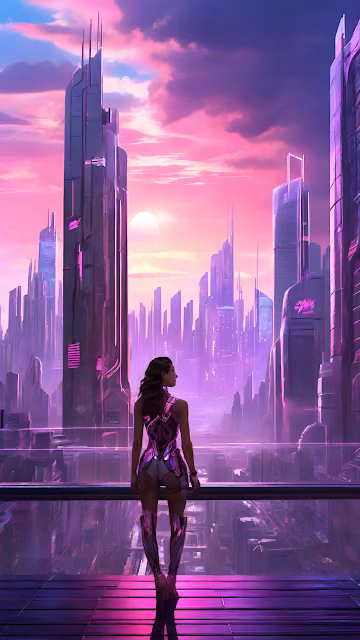 Cyberpunk City View Pink Neon Synthwave Aesthetic Woman - Free 4K & 8K Mobile Wallpaper