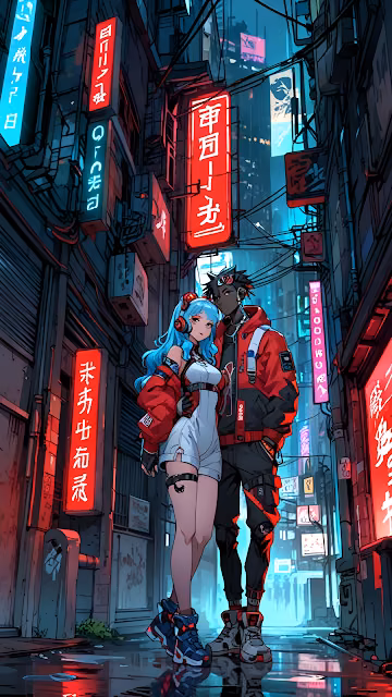 Cyberpunk Couple in Neon-Lit Alley with Japanese Signs - Free 4K & 8K Mobile Wallpaper
