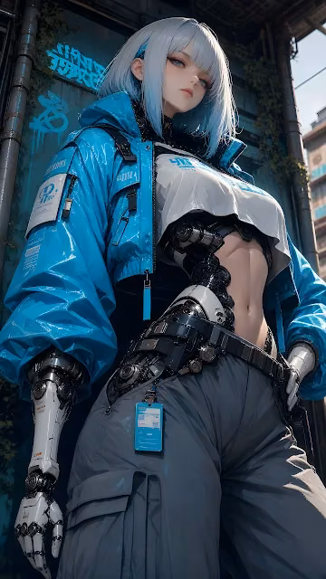 Futuristic cyborg girl in a bright blue windbreaker featuring intricate mechanical limbs. Cyborg girl with short white hair wearing a cyan jacket and robotic prosthetics in an alley.