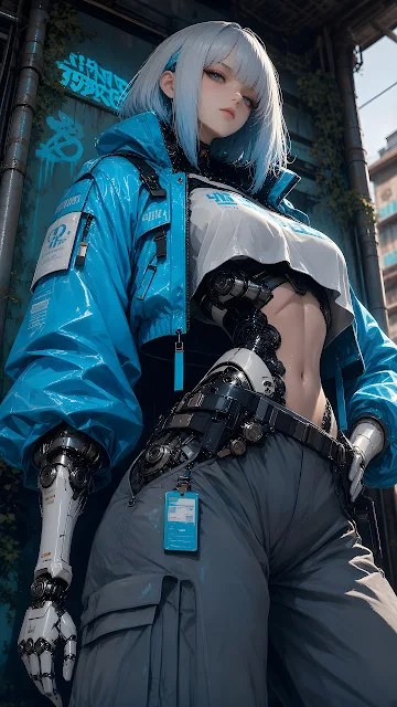Futuristic cyborg girl in a bright blue windbreaker featuring intricate mechanical limbs. Cyborg girl with short white hair wearing a cyan jacket and robotic prosthetics in an alley.