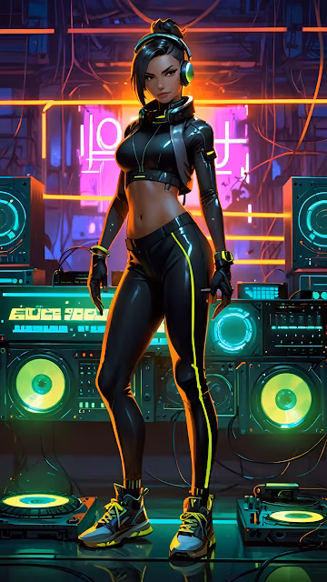 Cyberpunk DJ Girl Neon Synthwave Music Console Art - Free 4K & 8K Mobile Wallpaper