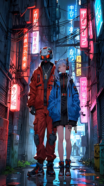 Cyberpunk Duo in Neon-Lit Alley with Japanese Signs - Free 4K & 8K Mobile Wallpaper