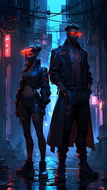 Cyberpunk Duo in Neon-Lit Rainy Alley at Night - Free 4K & 8K Mobile Wallpaper