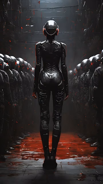 Cyberpunk Female Soldier in Black Armor Red Floor Scene - Free 4K & 8K Mobile Wallpaper