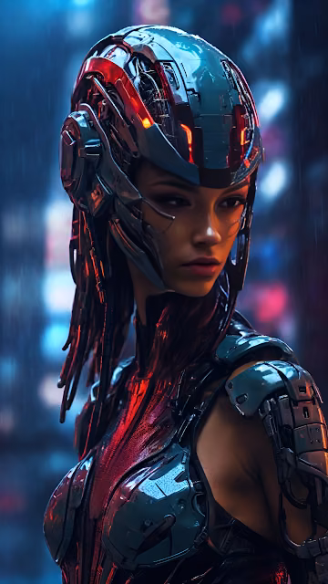 Cyberpunk Female Warrior Teal Armor Rainy City - Free 4K & 8K Mobile Wallpaper