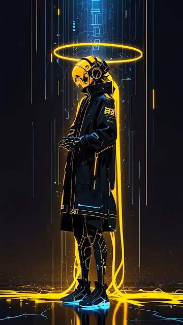 Cyberpunk figure with glowing yellow halo and neon lines - Free 4K & 8K Mobile Wallpaper