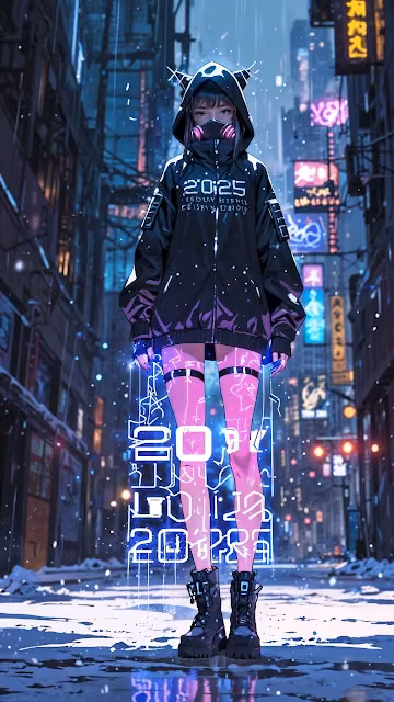 Cyberpunk Girl with 2025 Hoodie in Neon City - Free 4K & 8K Mobile Wallpaper