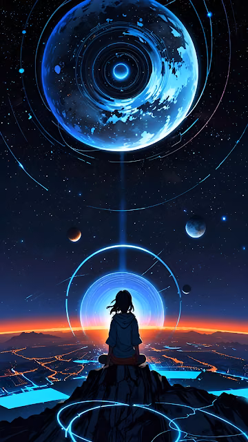 Cyberpunk Girl Observing Giant Blue Planet Over Neon City - Free 4K & 8K Mobile Wallpaper