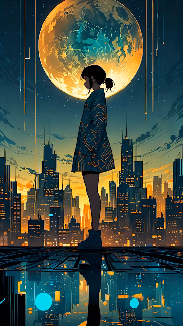 Cyberpunk Girl Silhouette Under Giant Orange Moon Cityscape - Free 4K & 8K Mobile Wallpaper