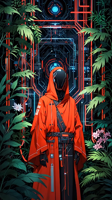 Cyberpunk Jungle Monk Red Robe Digital Gateway - Free 4K & 8K Mobile Wallpaper