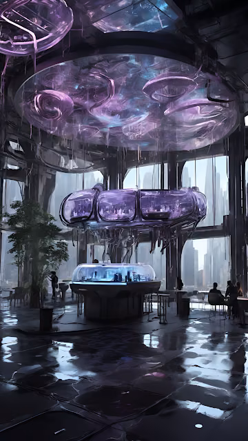 Cyberpunk Lounge Interior with Purple Glowing Organic Structures - Free 4K & 8K Mobile Wallpaper