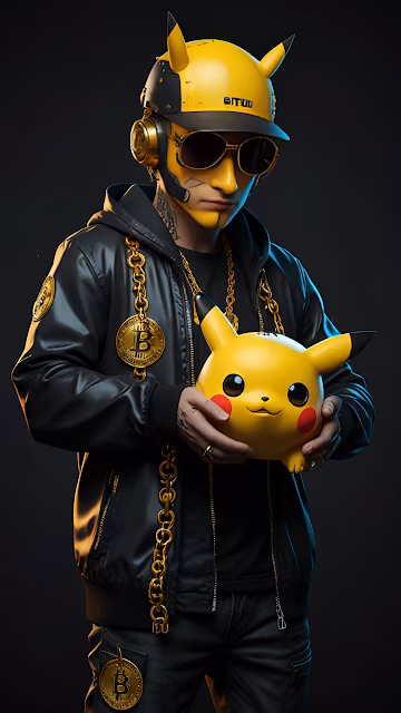 Cyberpunk Man in Pikachu Hat Holding Plush Toy with Gold Chains - Free 4K & 8K Mobile Wallpaper