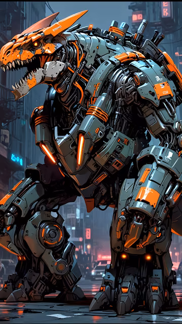 Cyberpunk Mecha Dinosaur T Rex City Street Art - Free 4K & 8K Mobile Wallpaper