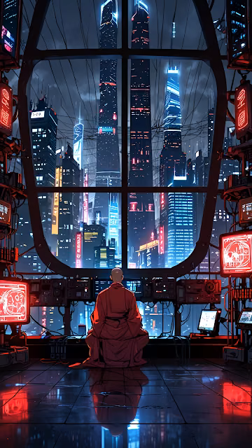 Cyberpunk Monk Meditating Over Neon City Skyline - Free 4K & 8K Mobile Wallpaper