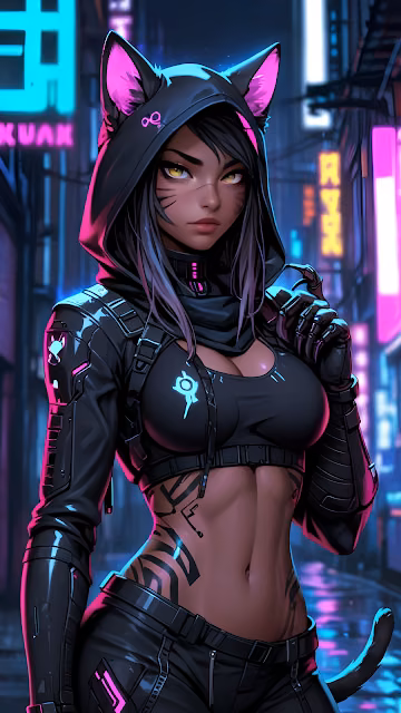 Cyberpunk Nekomimi Girl Neon City Alley - Free 4K & 8K Mobile Wallpaper
