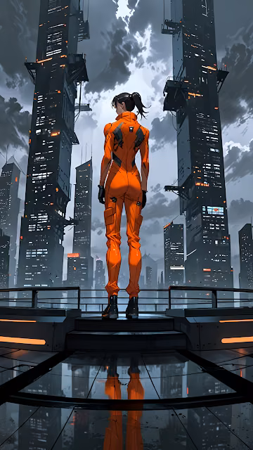 Cyberpunk Pilot Orange Jumpsuit Futuristic City View - Free 4K & 8K Mobile Wallpaper