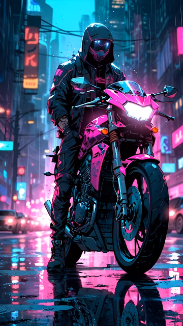 Cyberpunk Rider on Neon Pink Motorcycle in Rain - Free 4K & 8K Mobile Wallpaper