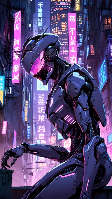 Cyberpunk Robot Neon Cityscape Pink Purple Lights Android - Free 4K & 8K Mobile Wallpaper