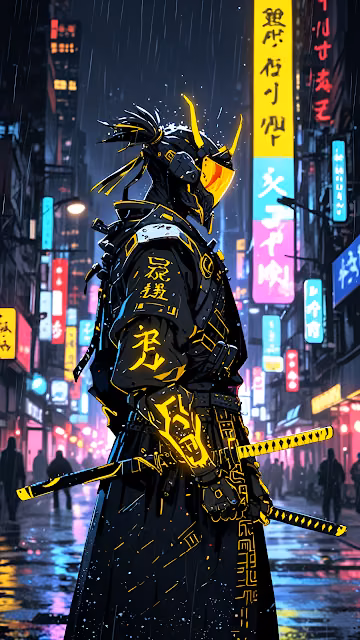 Cyberpunk Samurai Warrior in Neon Rain Cityscape - Free 4K & 8K Mobile Wallpaper