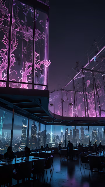 Cyberpunk Skyscraper Restaurant with Glowing Purple Trees - Free 4K & 8K Mobile Wallpaper