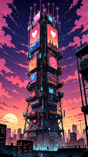 Cyberpunk Social Media Tower at Neon Sunset - Free 4K & 8K Mobile Wallpaper