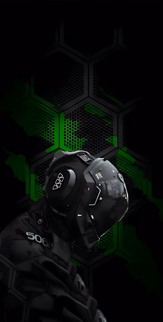 Cyberpunk Tactical Operator Helmet Dark Hex Grid Green Accent - Free 4K & 8K Mobile Wallpaper