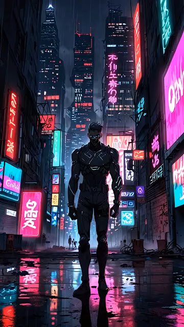 Cyberpunk Vigilante in Neon-Soaked Tokyo City Street - Free 4K & 8K Mobile Wallpaper