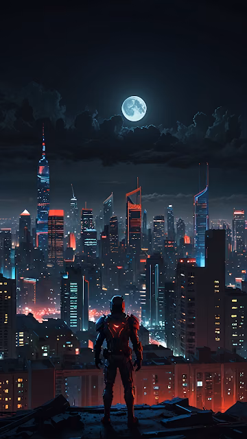 Cyberpunk Vigilante Over Neon Cityscape Under Full Moon - Free 4K & 8K Mobile Wallpaper