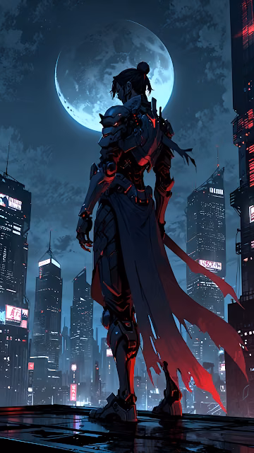 Cyberpunk Warrior Overlooking Neon City Skyline Under Moon - Free 4K & 8K Mobile Wallpaper