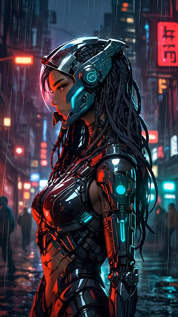 Cyberpunk Warrior Woman Neon Rain Cityscape Portrait - Free 4K & 8K Mobile Wallpaper