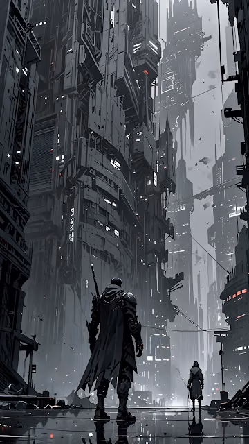 Cyberpunk Warriors in Rainy Alley Between Towering Buildings - Free 4K & 8K Mobile Wallpaper