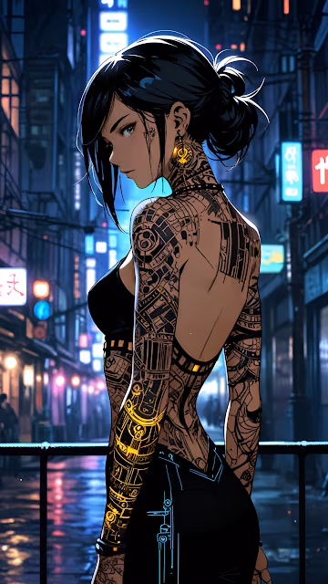 Cyberpunk Woman Biomechanical Tattoos Neon Cityscape - Free 4K & 8K Mobile Wallpaper