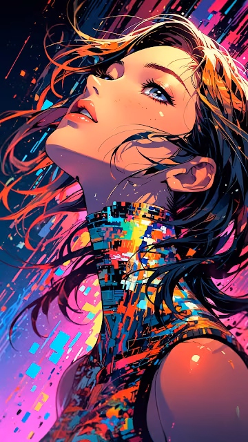 Cyberpunk Woman with Glowing Pixelated Collar and Neon Hair - Free 4K & 8K Mobile Wallpaper