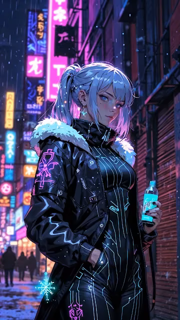 Cyberpunk Woman with Glowing Jacket in Rain - Free 4K & 8K Mobile Wallpaper