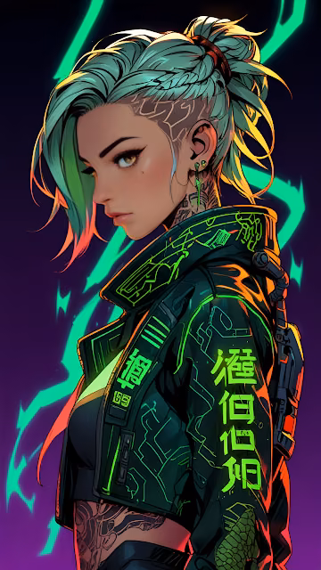 Cyberpunk Woman with Neon Green Hair and Glowing Jacket - Free 4K & 8K Mobile Wallpaper
