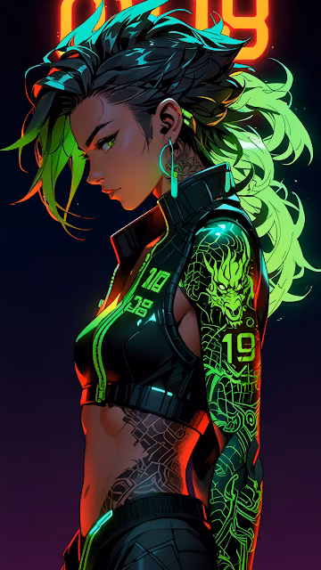 Cyberpunk Woman with Neon Green Hair and Dragon Tattoo - Free 4K & 8K Mobile Wallpaper