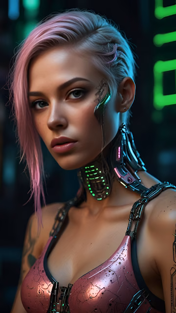 Cyberpunk Woman with Pink Hair and Glowing Neck Implants - Free 4K & 8K Mobile Wallpaper
