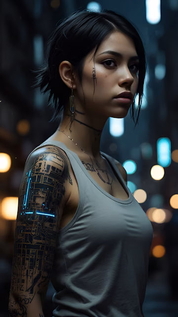 Cyberpunk Woman Portrait Glowing Circuit Tattoos Urban Night - Free 4K & 8K Mobile Wallpaper